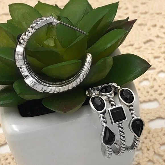 🌼 3 Row Black Mixed Shapes Silver Hoop Earrings - Picture 1 of 2